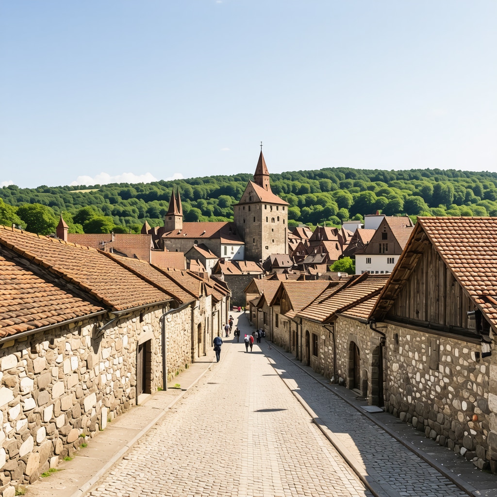 Panoramic view of Sighișoara's medieval citadel with cobblestone streets and green hills in the background