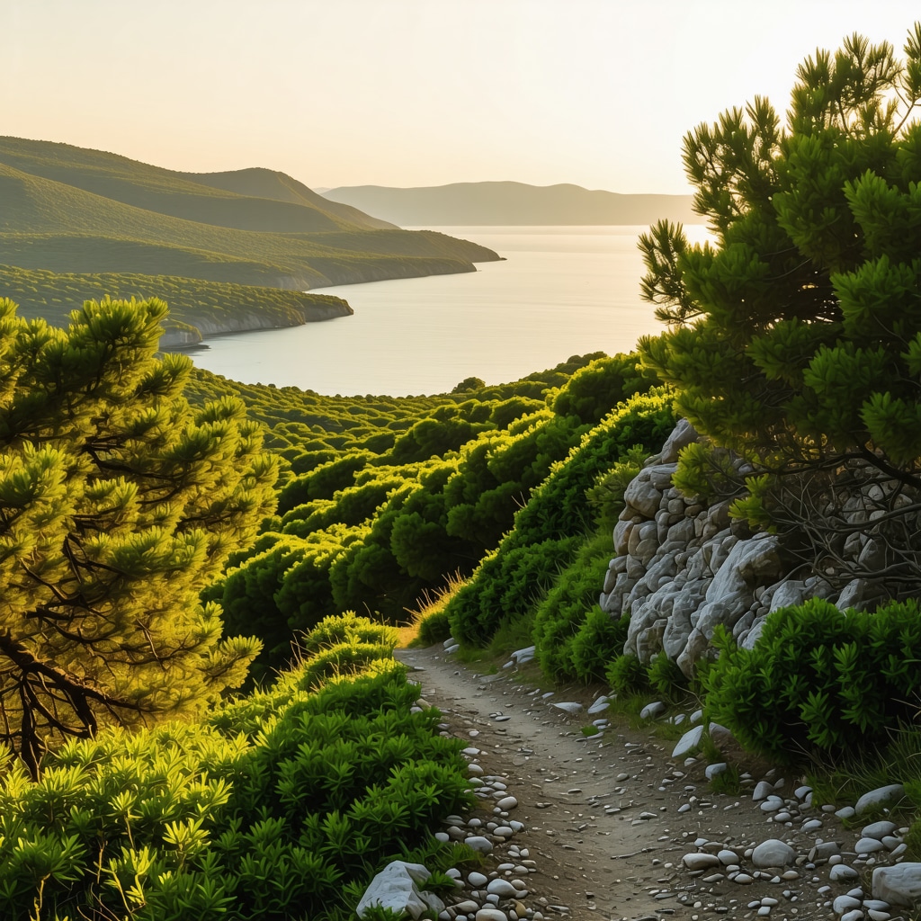 Scenic mountain trail with pine forests and Adriatic Sea view on Brač island