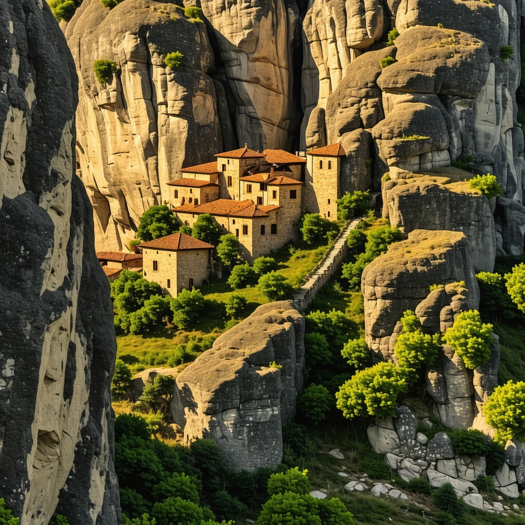 Sunrise panoramic view of Meteora monasteries on towering rocks with golden light illuminating the landscape