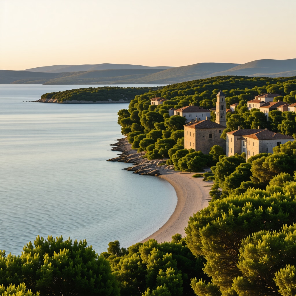 Sunset panorama showing Biograd na Moru's historic buildings, Adriatic sea, and green surroundings
