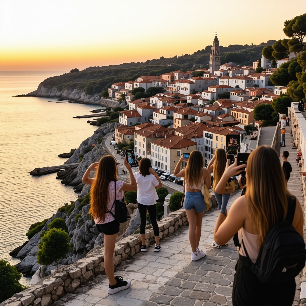 Piran cityscape at sunset with tourists interacting with augmented reality installations