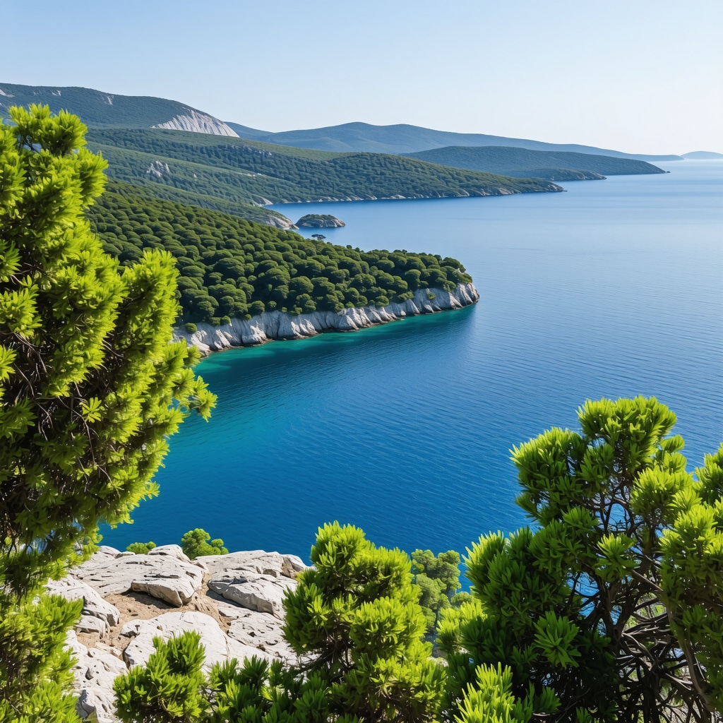 View of pine forests and Adriatic Sea from Hum peak on Lastovo Island