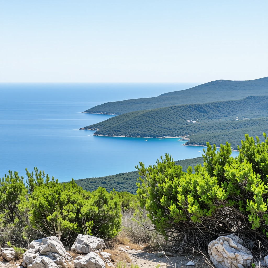 Panoramic view from the highest peak of Brač island showing Adriatic Sea and nearby islands