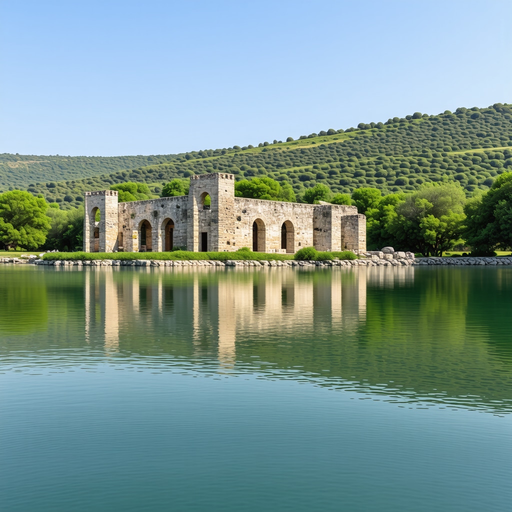 Butrint archaeological ruins with greenery and lake in the background under clear sky
