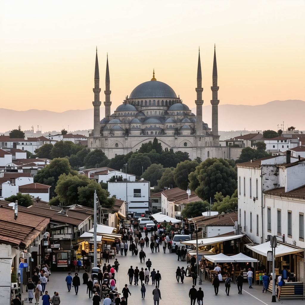 Sunset panorama of Edirne with Selimiye Mosque and lively traditional markets