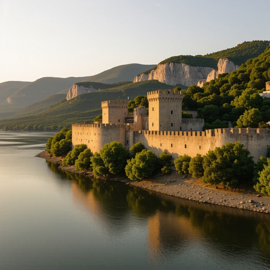 Golubac Fortress overlooking the Danube River during sunset with natural and historic elements