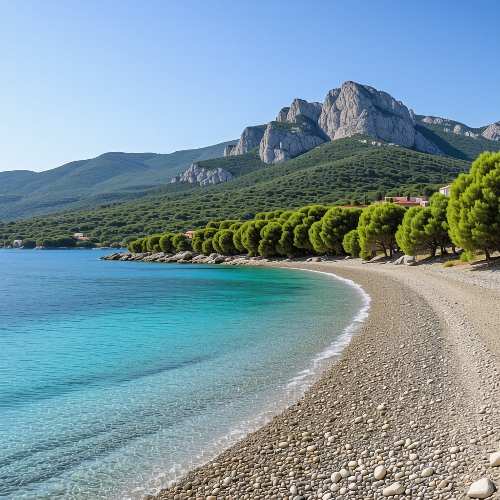 Halkidiki landscape with beaches, traditional villages, and pine-covered mountains symbolizing sustainable tourism
