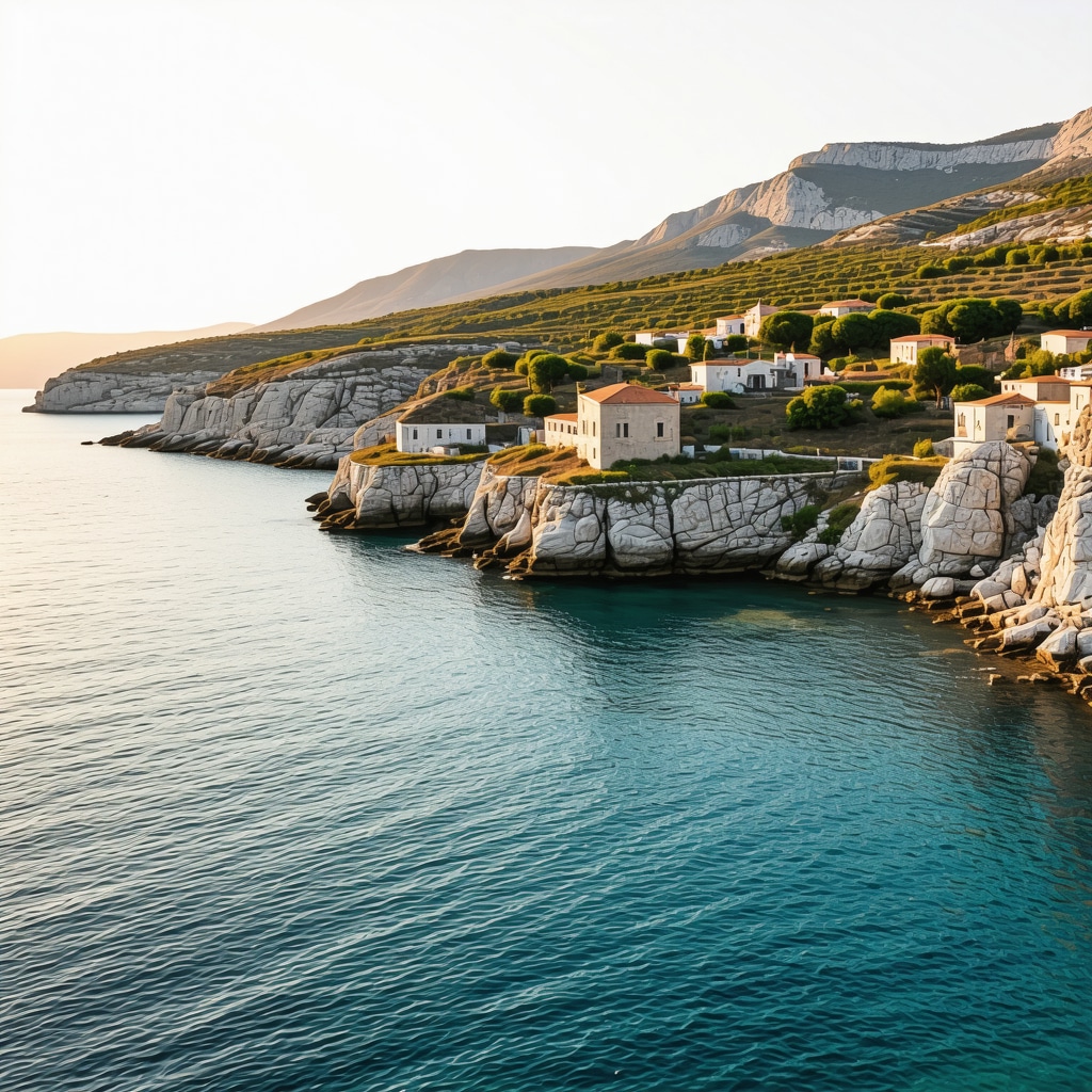 Panoramic coastal landscape of Insula Pag with traditional architecture and Adriatic Sea at sunset