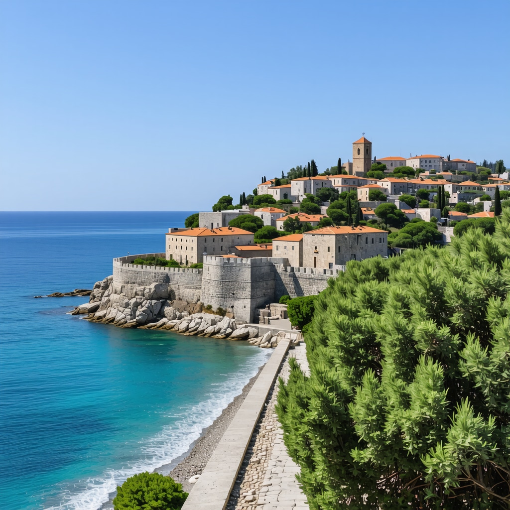 Panoramic view of Kavala city with fortress and sea coastline