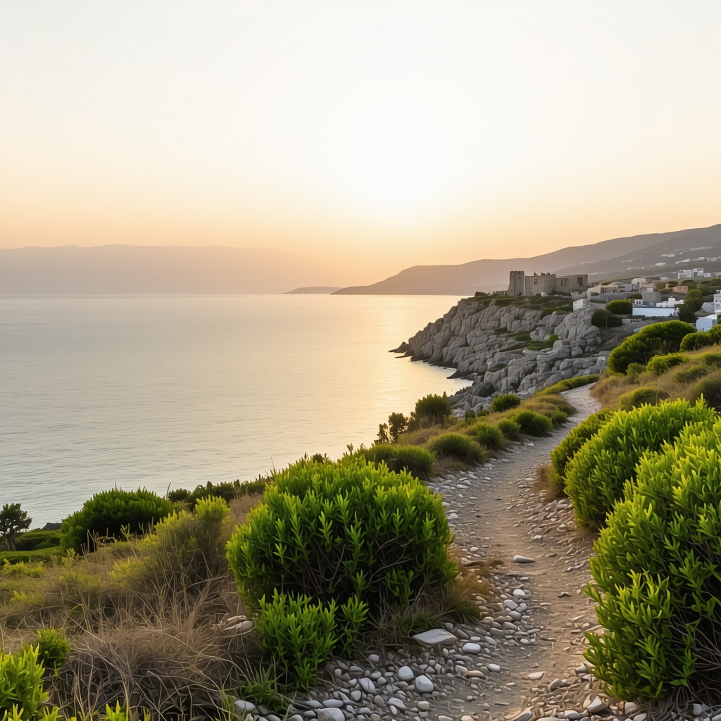 View of Kavala coastline with hiking trails, ancient ruins, and Mediterranean vegetation during sunset
