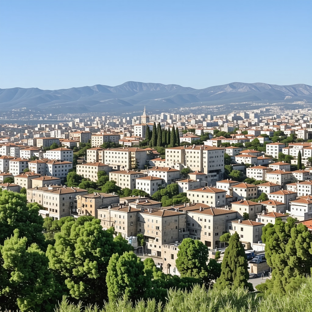 Panoramic image of Kavala city blending Byzantine and Ottoman architecture with Pangaion mountains