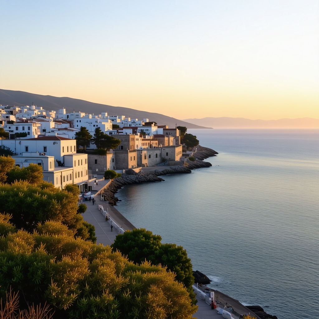 Kavala coastline with historical buildings and natural scenery at sunset