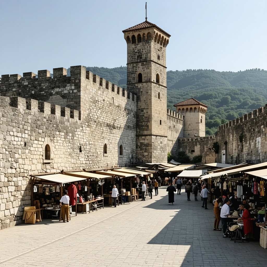 Kruja fortress with medieval walls and bustling traditional bazaar in foreground