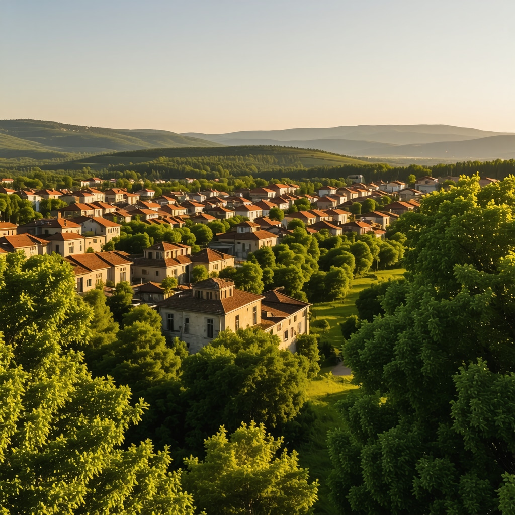 Panoramic view of Kumanovo city showing Ottoman and Austro-Hungarian architecture alongside natural green landscapes