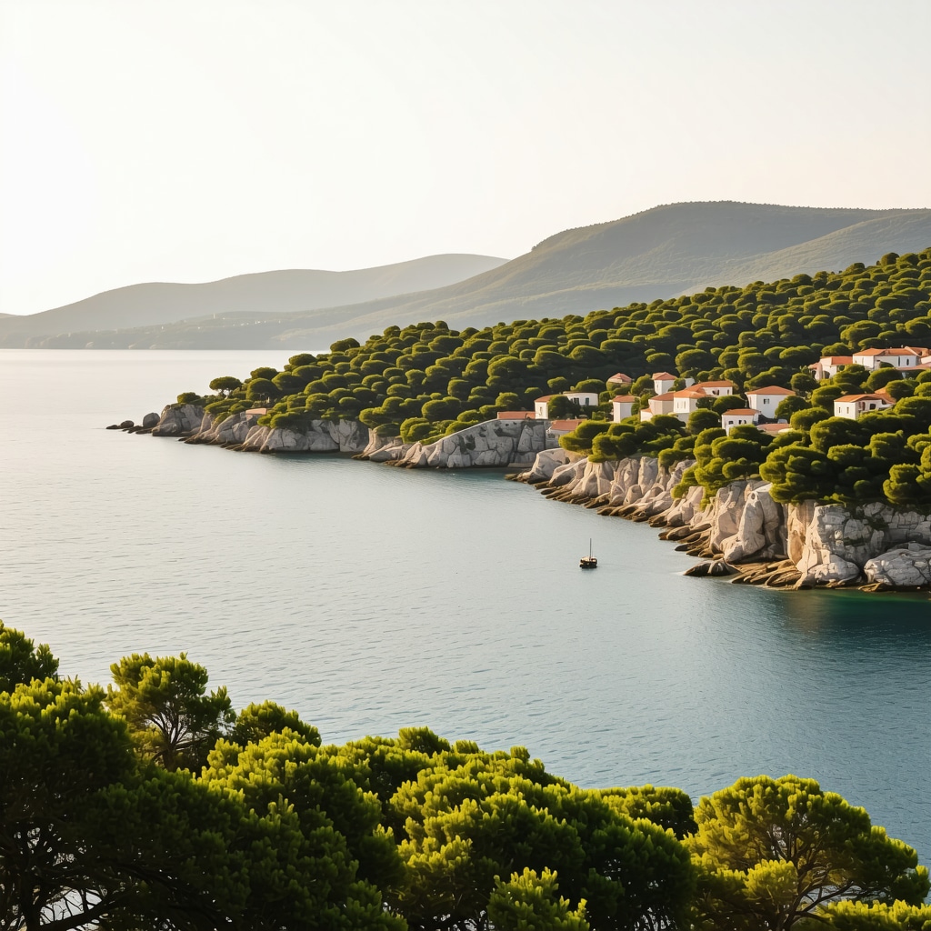 Lastovo island coastline with Mediterranean forests and traditional stone houses at sunset