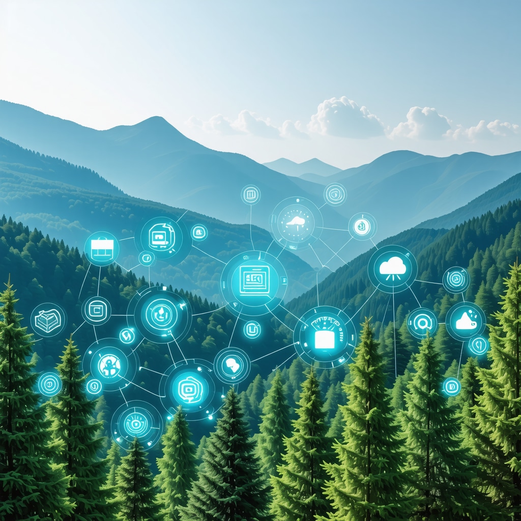 Mavrovo National Park landscape with digital technology icons representing conservation