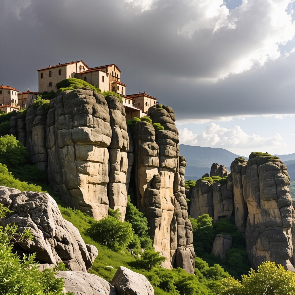 Meteora monasteries perched on towering rocks with dramatic sky and light-shadow interplay