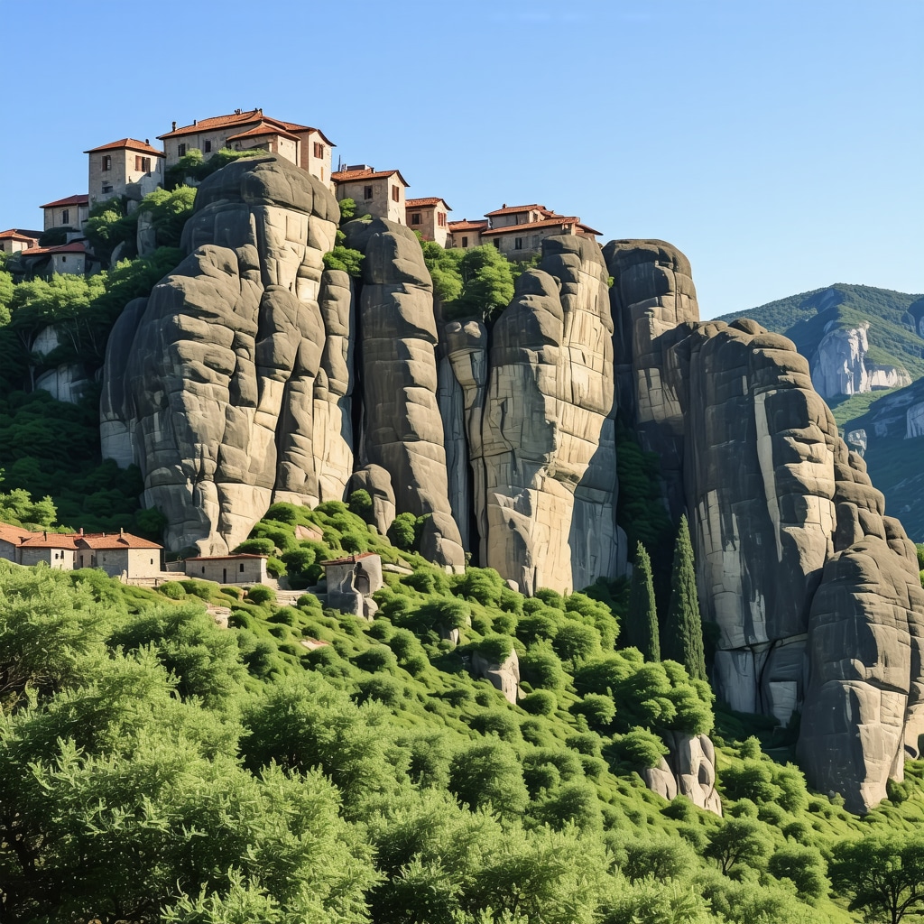 Meteora monasteries perched atop towering rock formations under clear blue sky