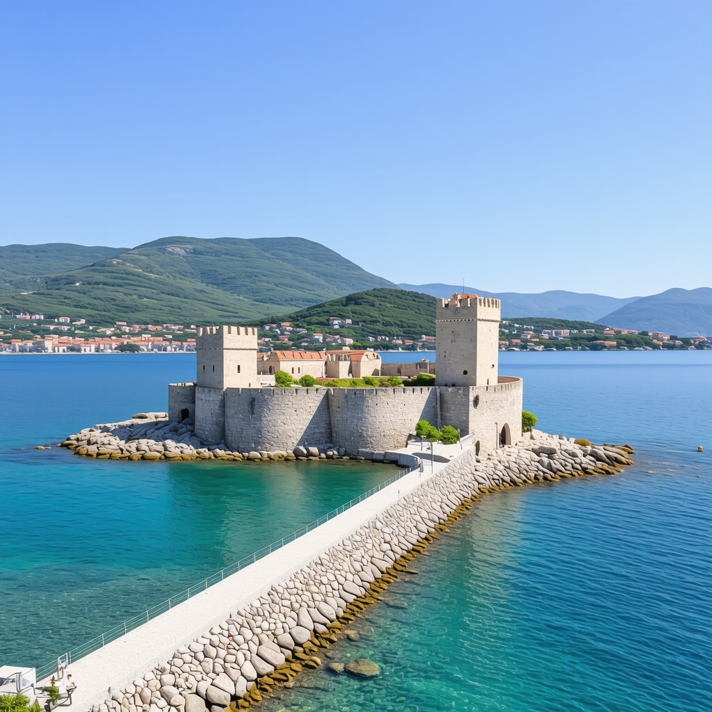 Panoramic view of Petrovac coastline showing historic fortresses, eco-friendly tourism infrastructure, and surrounding mountains