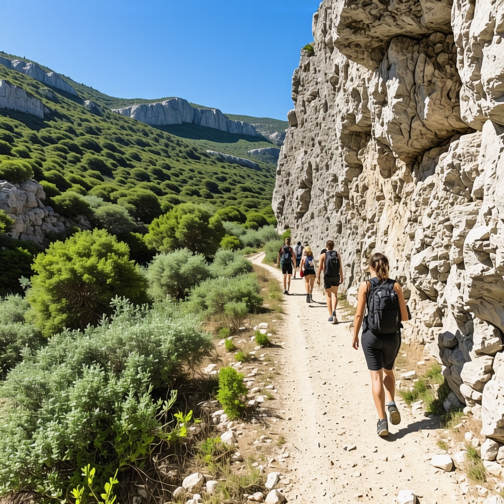 Hikers trekking along the rugged Richtis Canyon trail surrounded by steep cliffs and Mediterranean vegetation in Crete