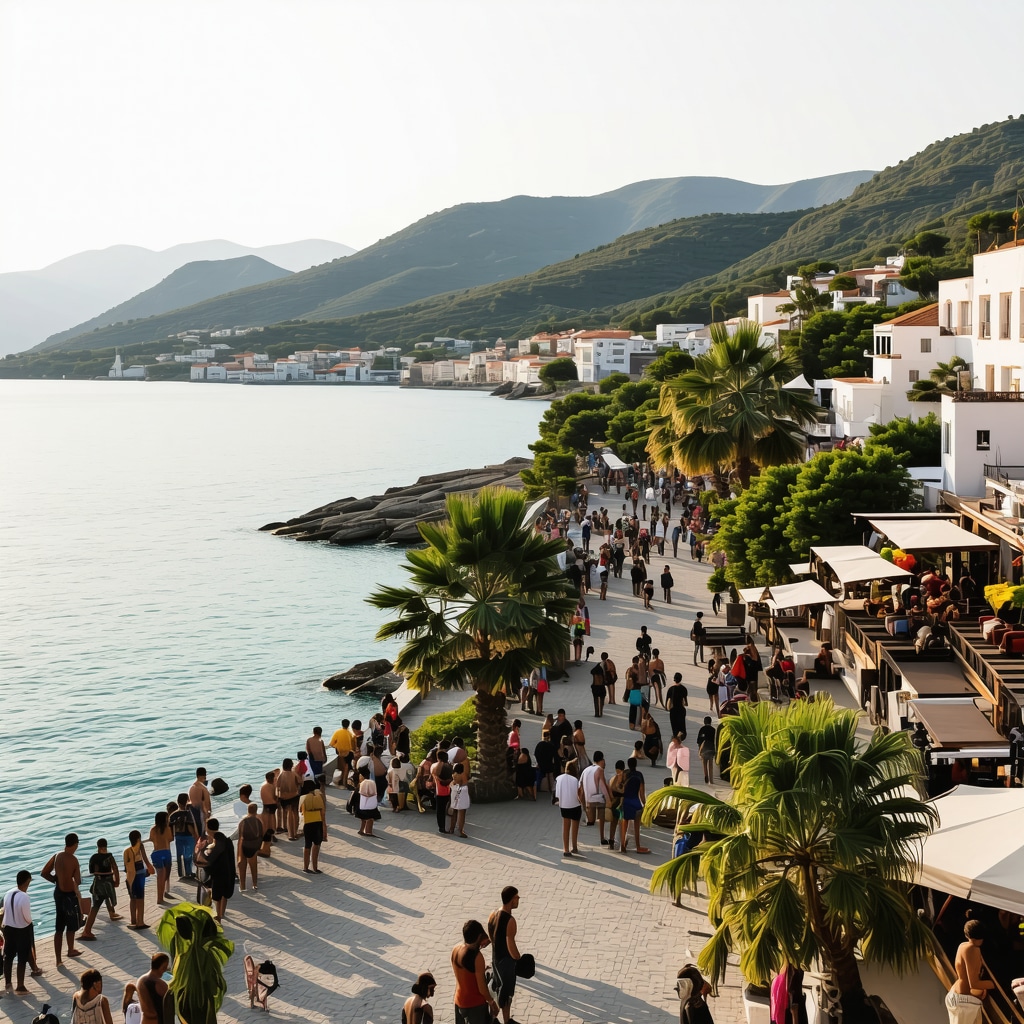 Panoramic sunset view of Saranda coastline with tourists and cultural events
