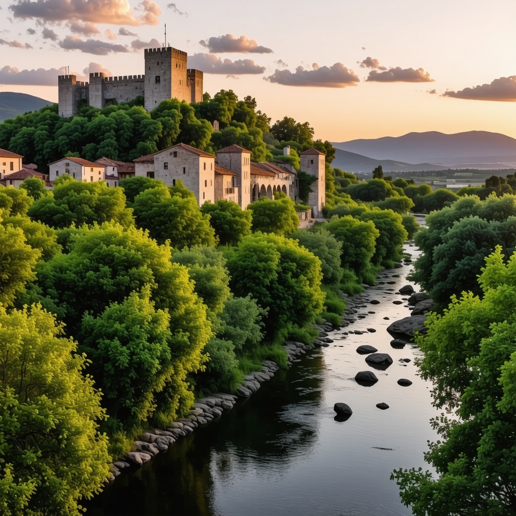 Stolac fortress on hill with lush greenery and river Bregava at sunset