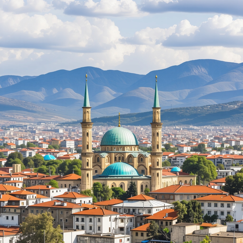 Tetovo cityscape featuring the Colorful Mosque and mountainous landscape