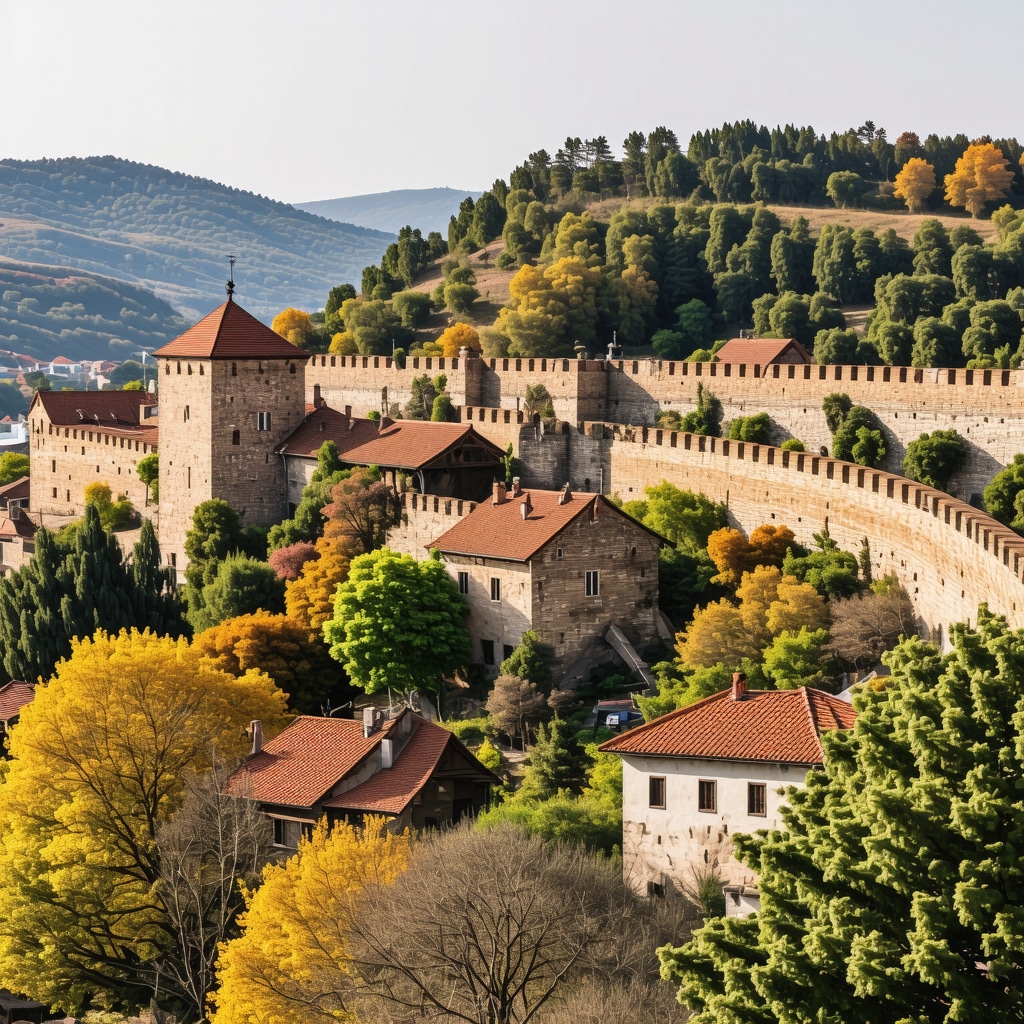 Panoramic autumn view of Veliko Tarnovo medieval fortress Tsarevets and natural surroundings