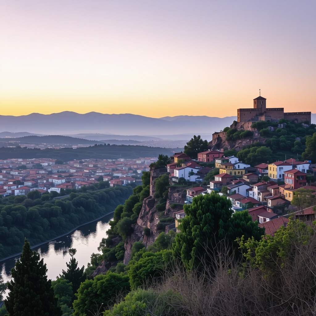 Panoramic sunset view of Veliko Tarnovo with medieval fortress and colorful houses