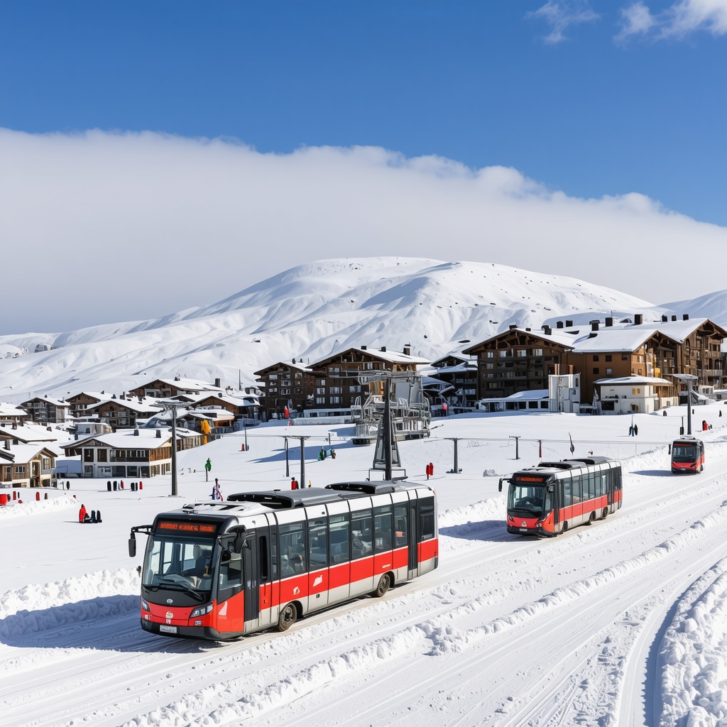 Winter panorama of Bansko showing ski slopes, traditional Bulgarian buildings, Christmas decorations, and eco-friendly transport