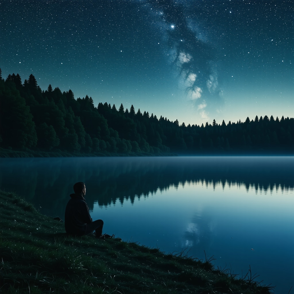 Person sitting quietly by Lacul Srebrno shore under stars reflecting in calm water