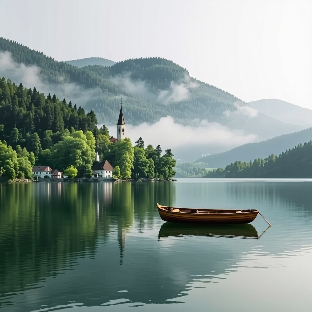 Lake Bled with misty water, pletna boat near island church and forested mountains