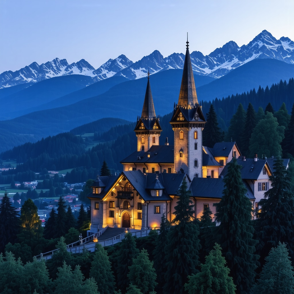 Illuminated Peles Castle at dusk surrounded by Carpathian Mountains and gardens