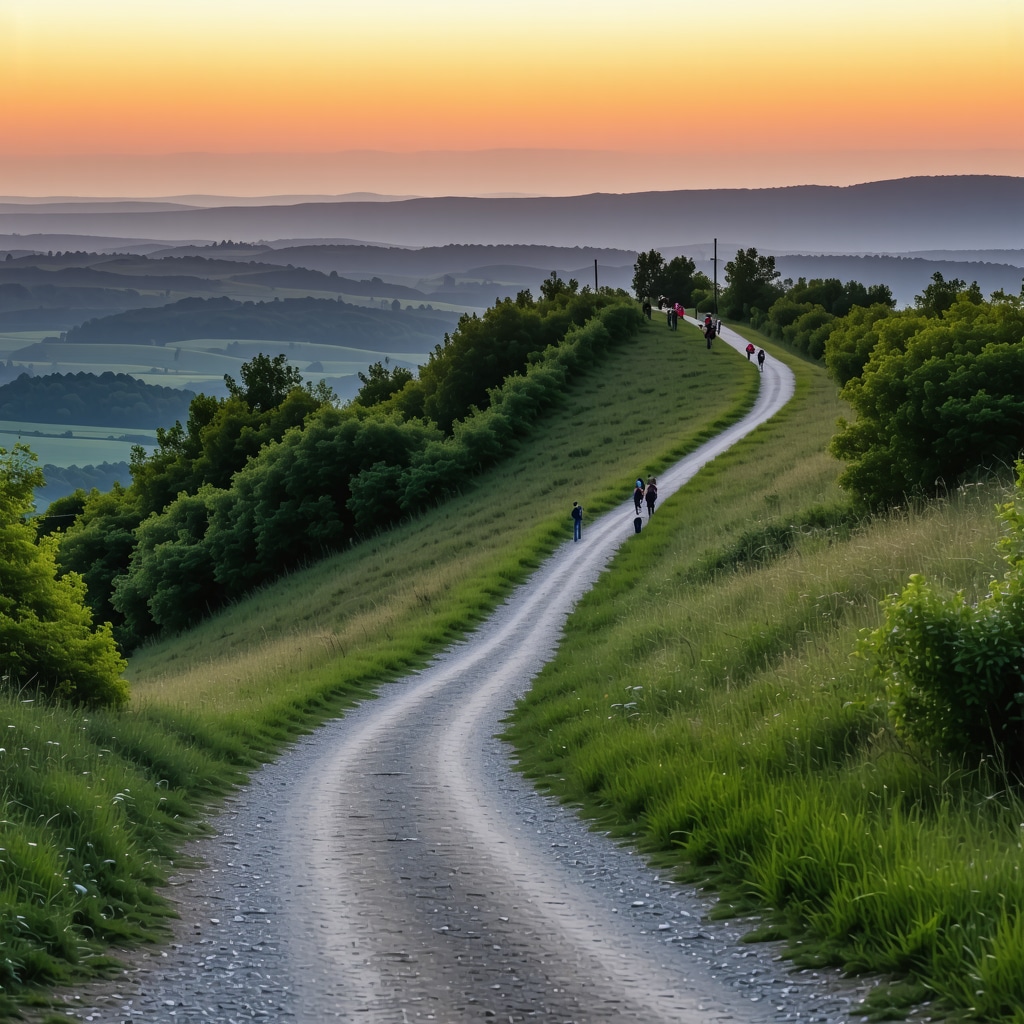 Pilgrims climbing Apparition Hill at sunset with a spiritual ambiance in Međugorje