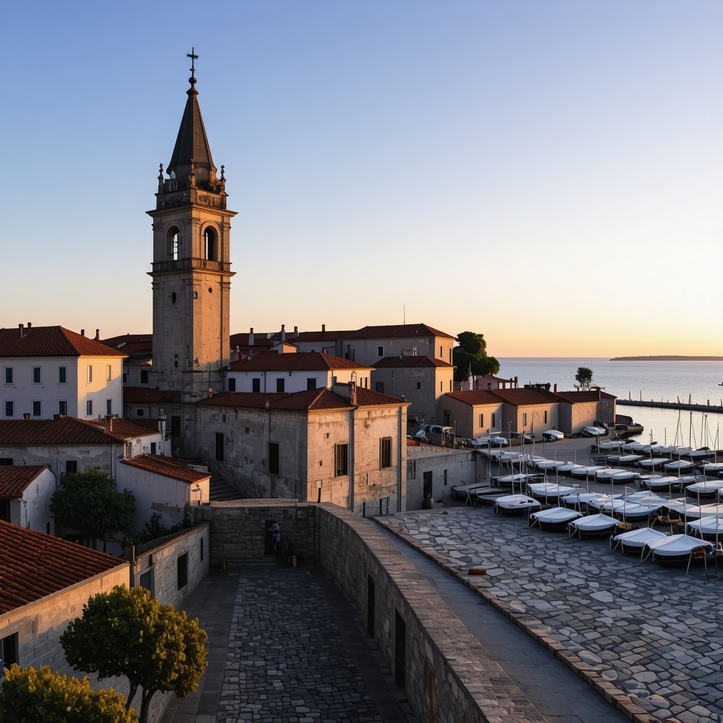 Panoramic sunset view of Piran with AR digital reconstructions of Venetian buildings