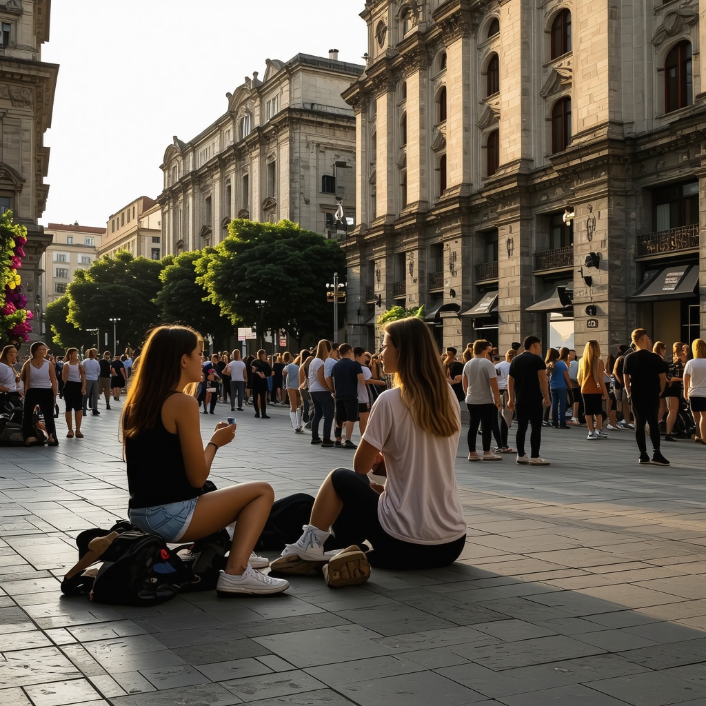 Urban scene in Pristina with historic buildings, modern technology, and young people engaged in cultural events