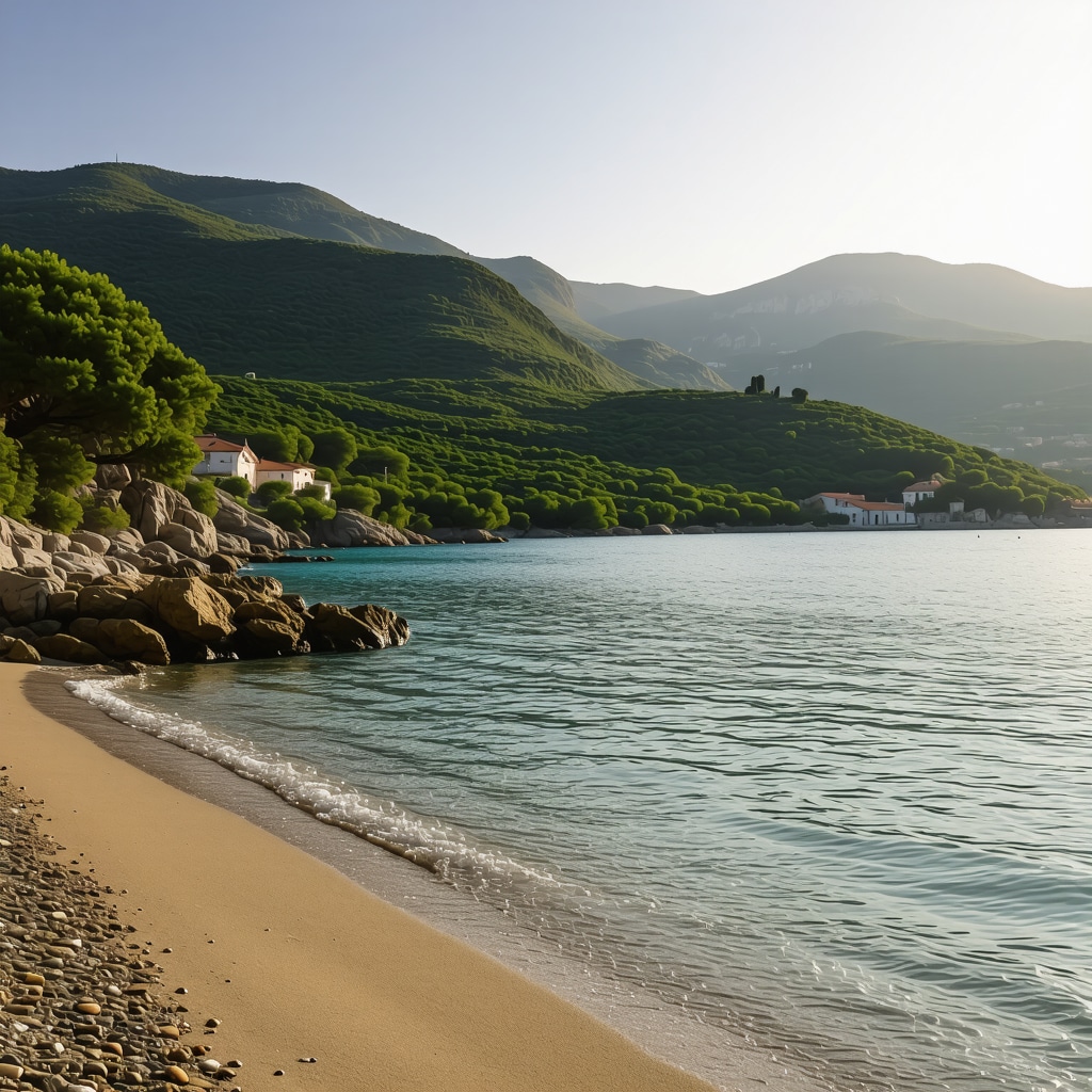 Pristine beach in Budva with clear waters and surrounding green mountains at sunset
