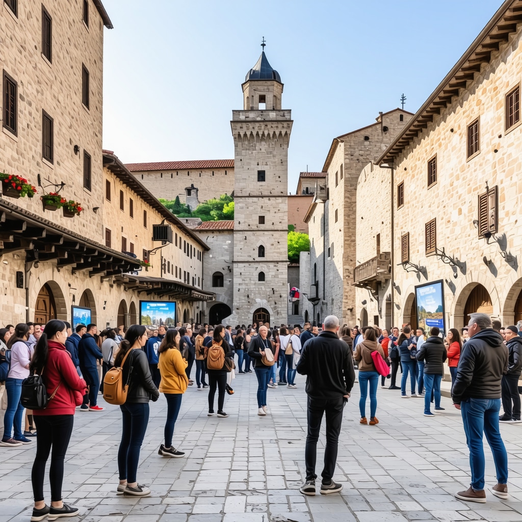 Prizren street where historic Ottoman buildings are integrated with augmented reality technology for tourists