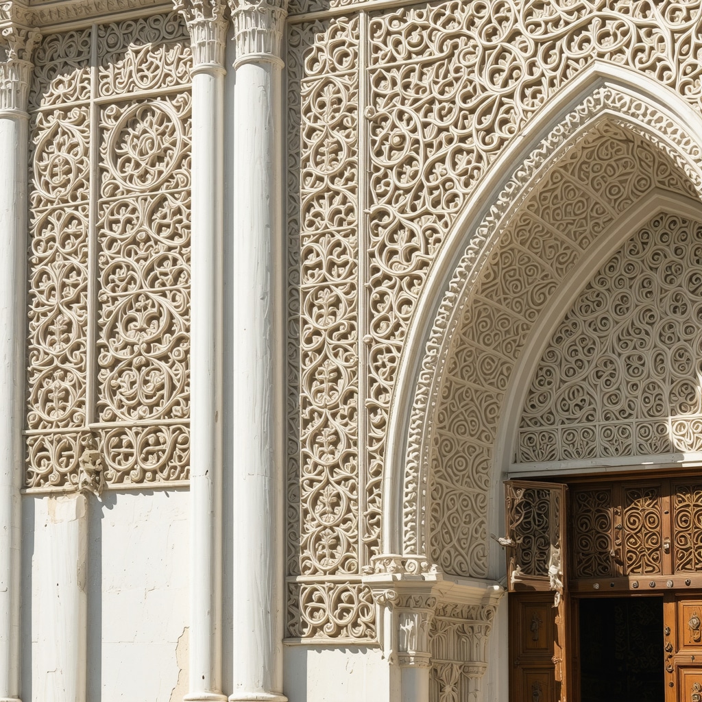 Close-up of intricate Ottoman stone carvings on mosque in Novi Pazar during restoration