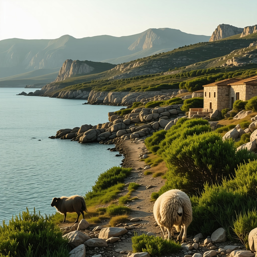 View of Pag island's rugged coastline with traditional stone cottage and grazing sheep in warm light