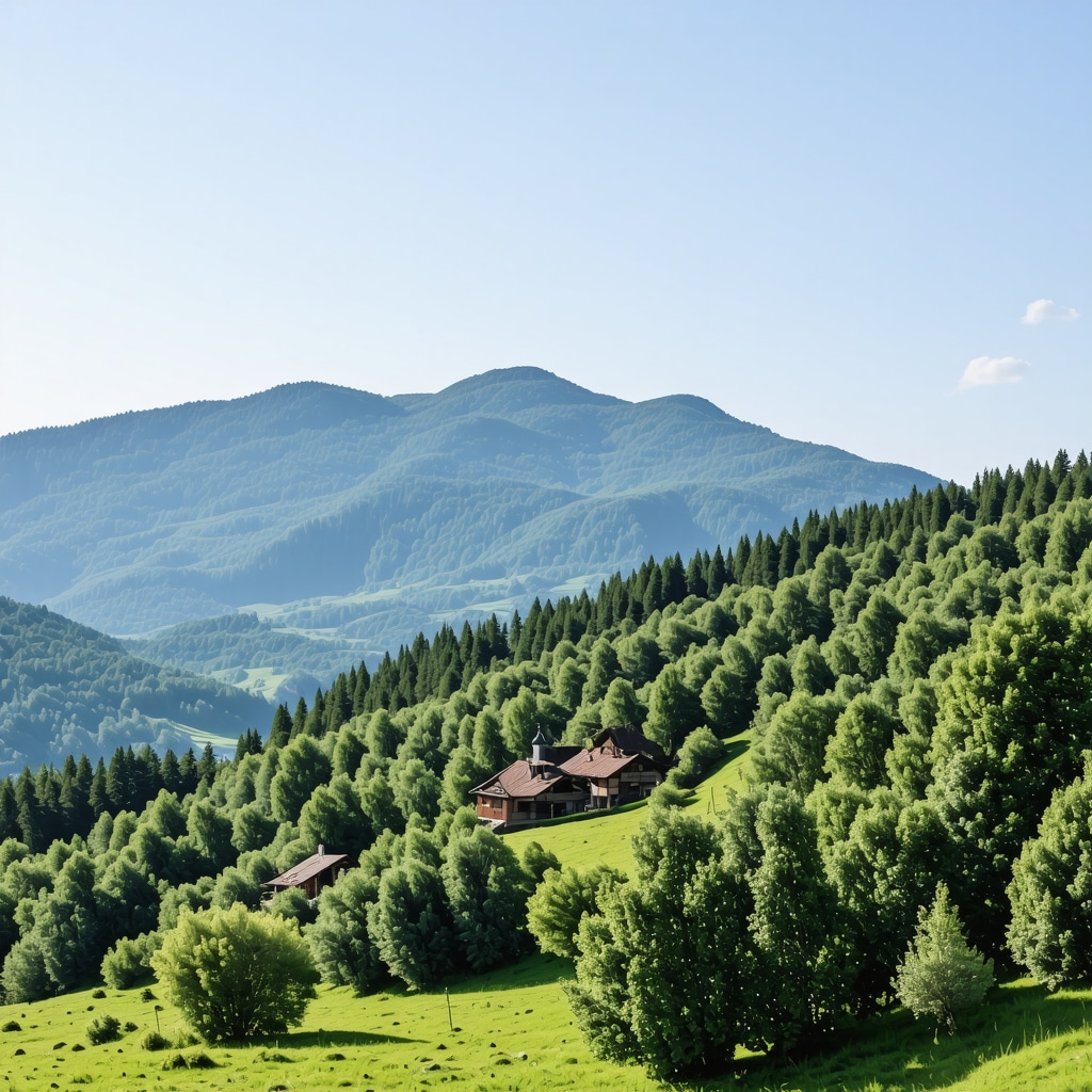 Panoramic view of Šar Planina mountains with hiking trails and traditional Balkan village houses near Gostivar