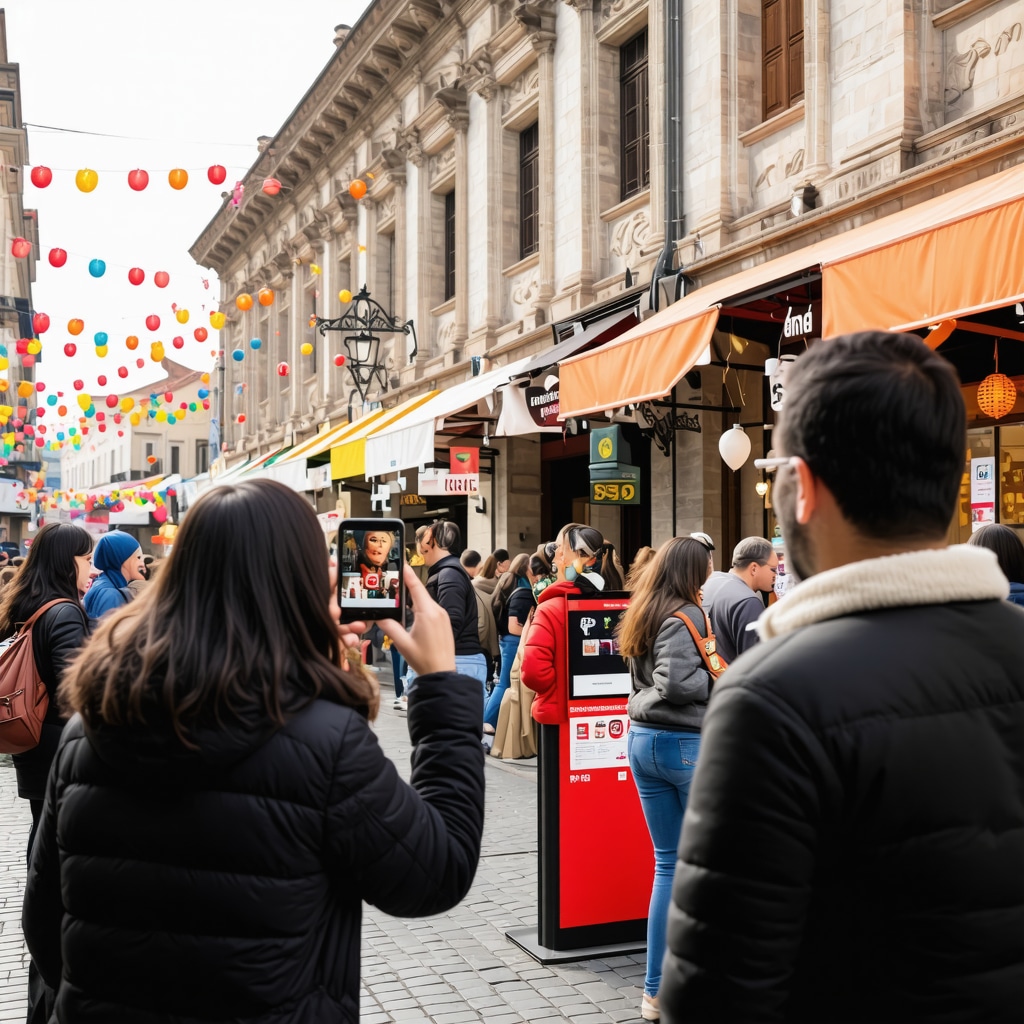 People at Sarajevo festival engaging with augmented reality on smartphones amid traditional architecture