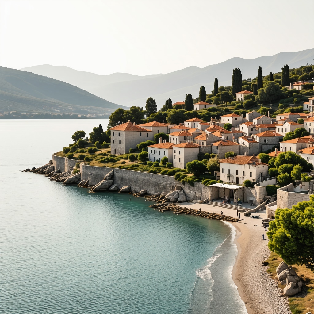 Panoramic view of Trogir old town with sea and nature surroundings