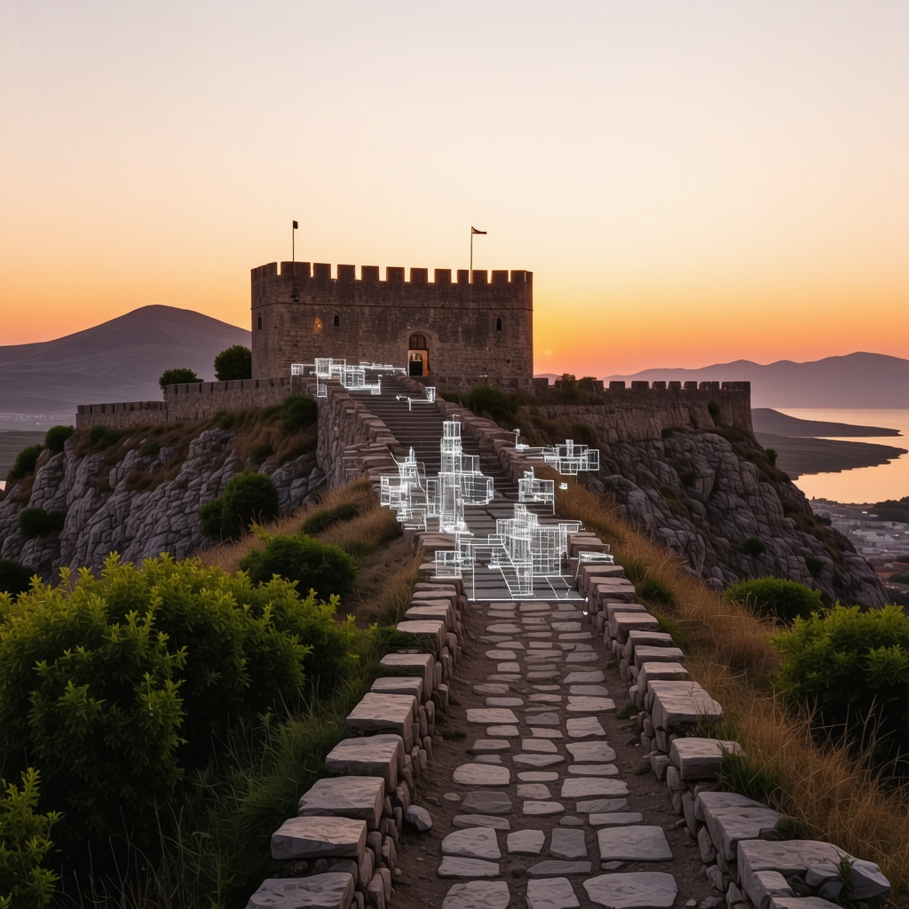 Panoramic view of Senj's Nehaj Fortress at sunset with digital augmented reality overlays