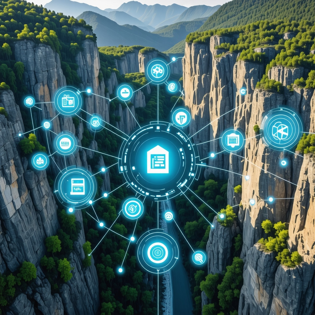 Aerial view of Matka Canyon with digital overlays representing AI, big data, and augmented reality for ecosystem management.