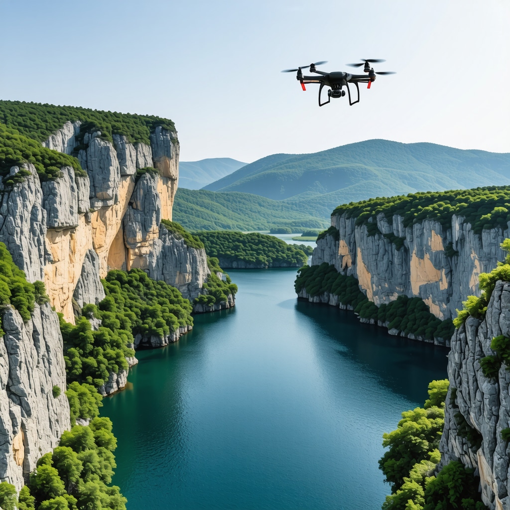 Matka Canyon panoramic view with eco-monitoring sensors and drone representing smart tourism technology