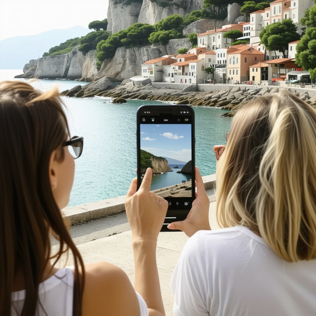 Tourists using augmented reality apps near historic and natural sites in Bar, Montenegro