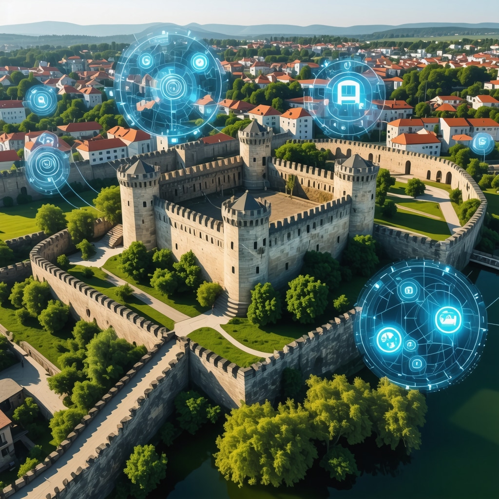 Aerial photo of Smederevo Fortress enhanced with digital icons representing AI and augmented reality used in heritage conservation