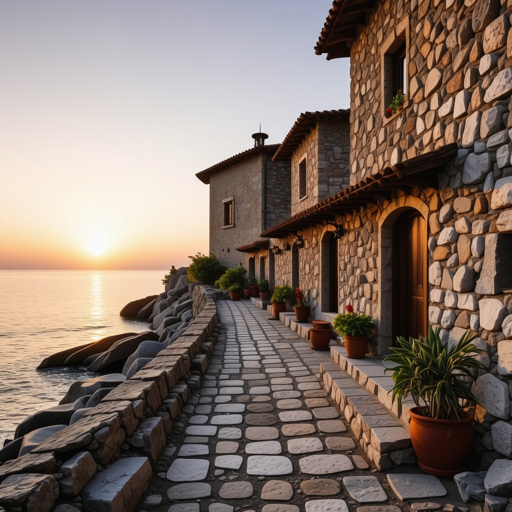Historic streets and traditional houses of Sozopol with the Black Sea coastline at sunset