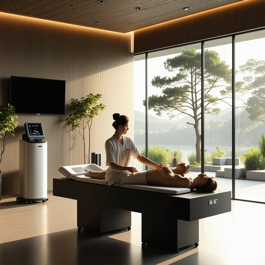 Interior spa modern în Aranđelovac cu echipamente biometrice și natură în fundal